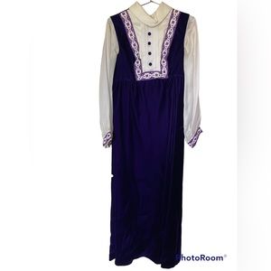 1960-1970s vintage purple crushed velvet embroidered dress with chiffon